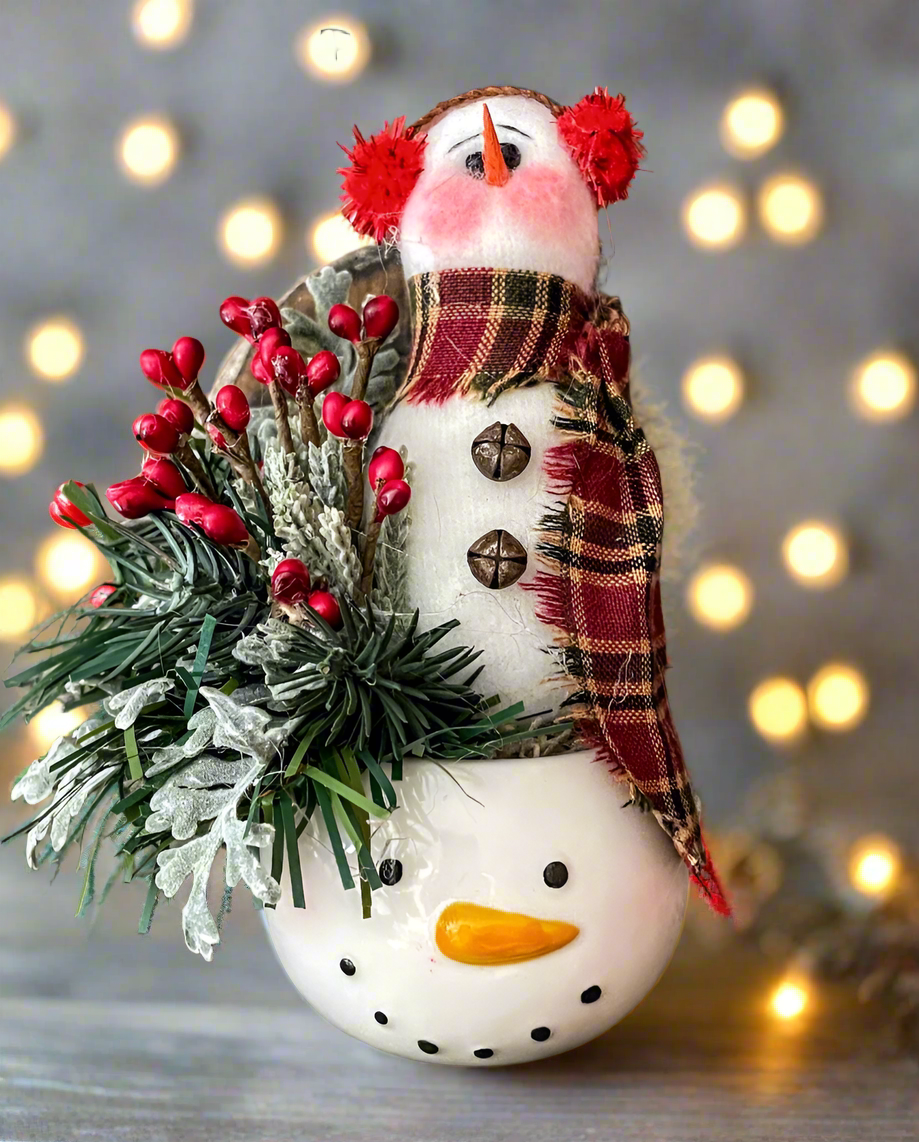 Farmhouse Country Handmade Snowman with Holiday Greens in Snowman Mug - The Primitive Pineapple Collection