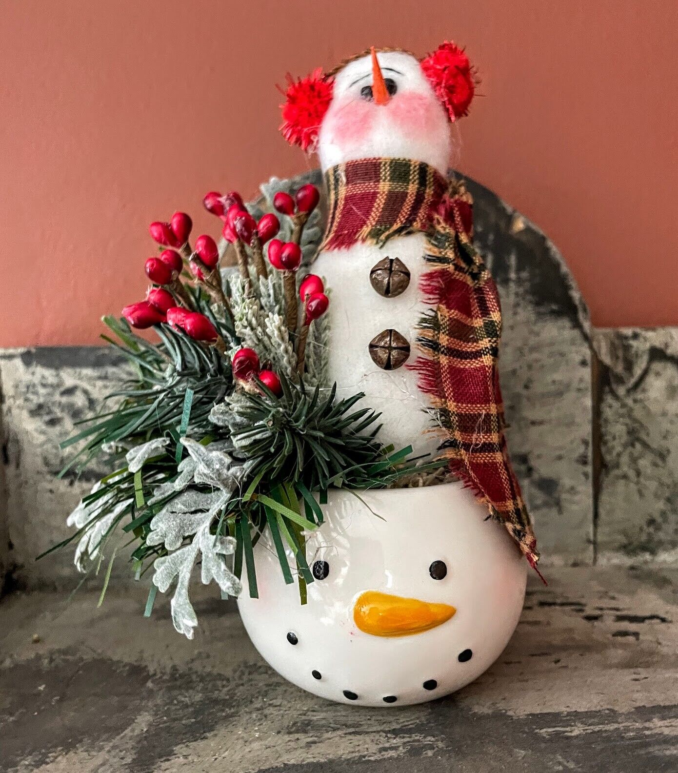 Farmhouse Country Handmade Snowman with Holiday Greens in Snowman Mug - The Primitive Pineapple Collection