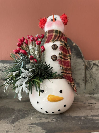 Farmhouse Country Handmade Snowman with Holiday Greens in Snowman Mug - The Primitive Pineapple Collection