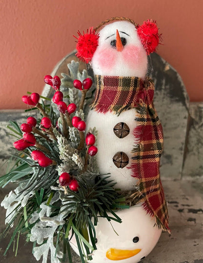 Farmhouse Country Handmade Snowman with Holiday Greens in Snowman Mug - The Primitive Pineapple Collection