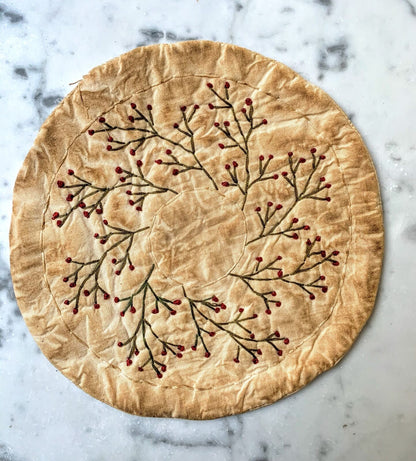 Primitive Handmade Candle Mat Grungy 8&quot; Country Pip Berry and Vine Mat - The Primitive Pineapple Collection