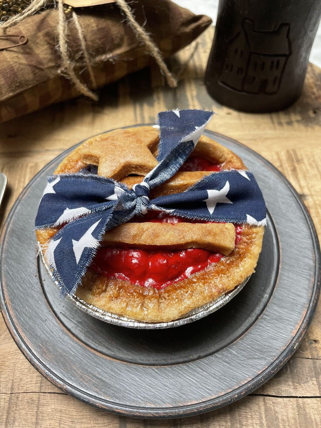 Primitive Colonial Americana 4” Cherry Pie with Flag Crust Choice of Scent - The Primitive Pineapple Collection