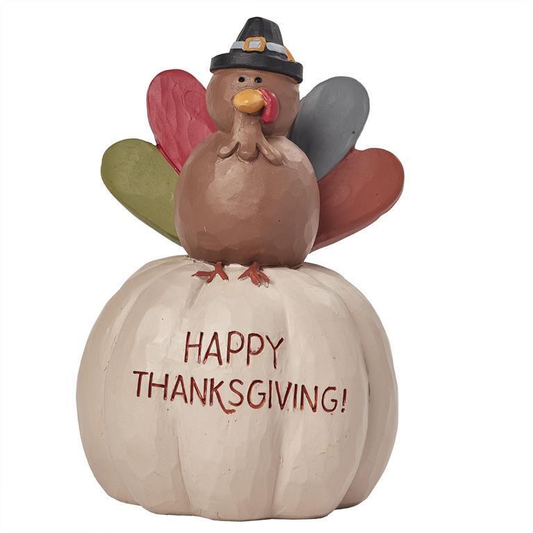 Blossom Bucket Folk Art Thanksgiving Fall White Pumpkin w/ Turkey Shelf Sitter - The Primitive Pineapple Collection