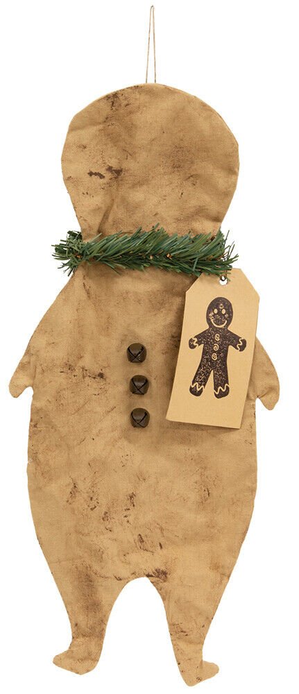 Primitive Christmas Flat Fabric Gingerbread Man with Tag Hanging Ornie - The Primitive Pineapple Collection