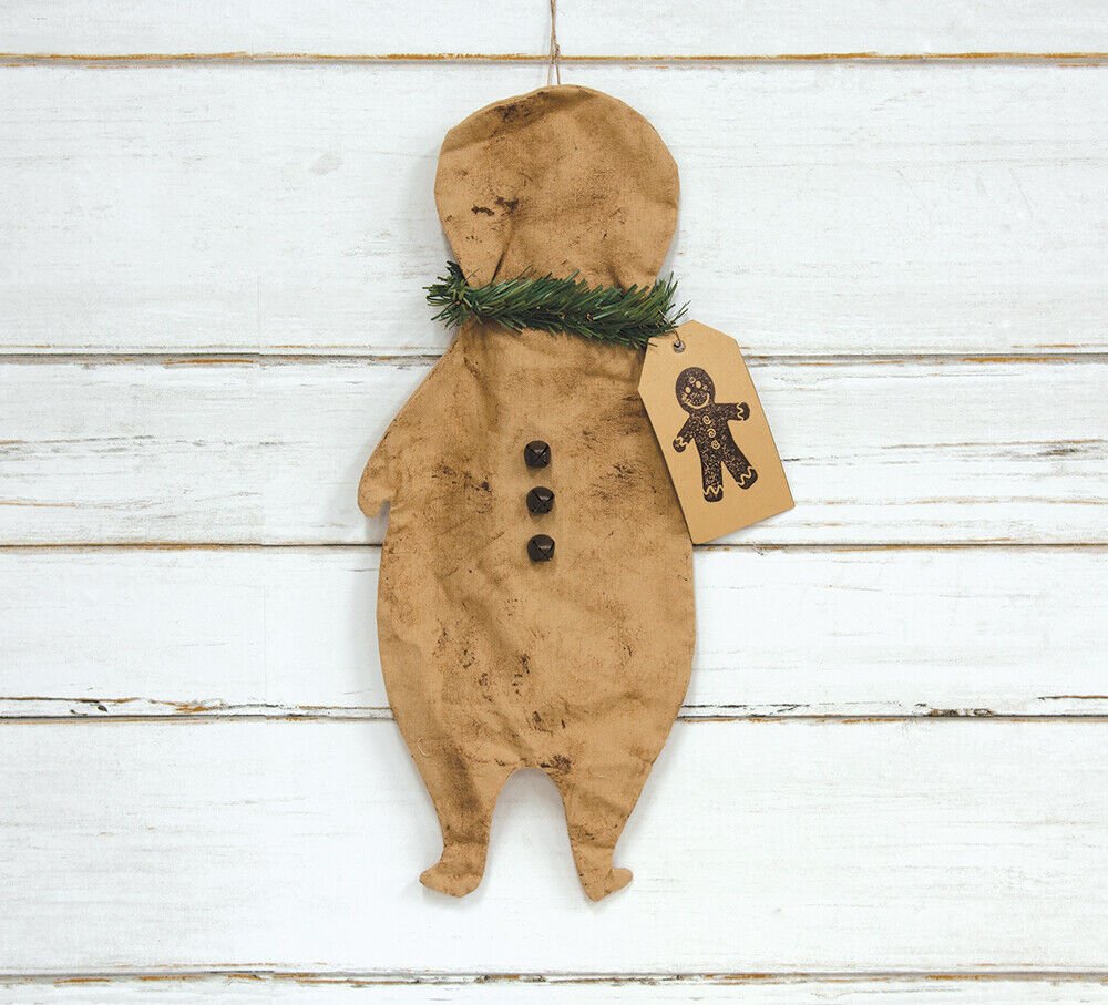 Primitive Christmas Flat Fabric Gingerbread Man with Tag Hanging Ornie - The Primitive Pineapple Collection