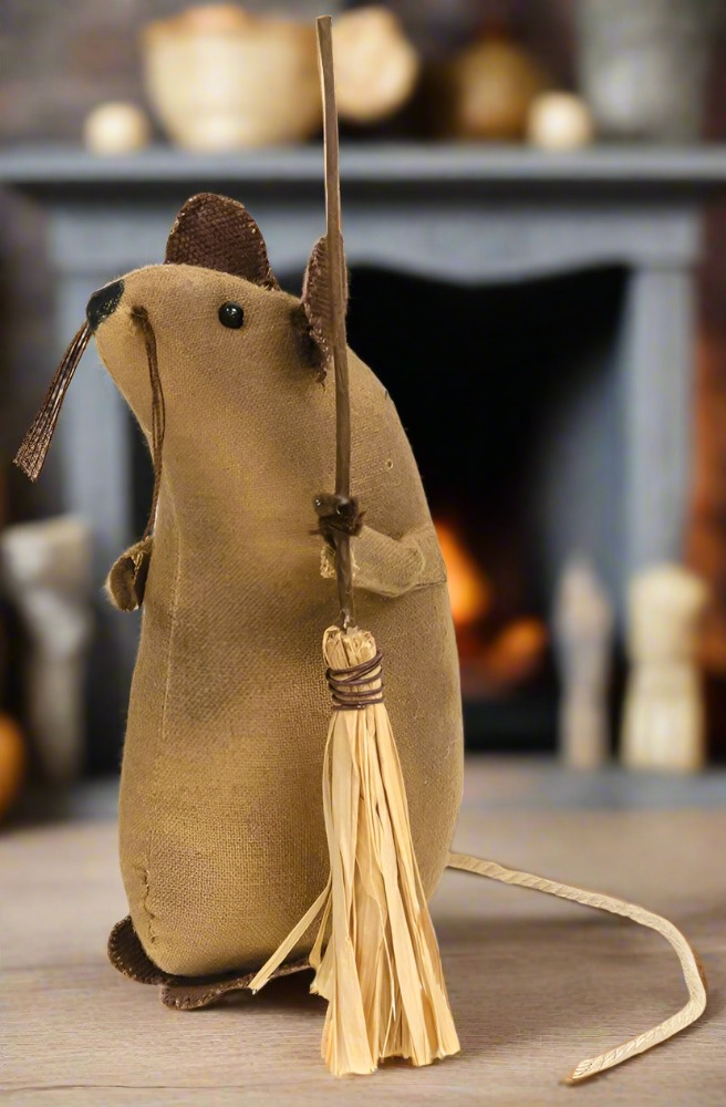 Primitive Folk Art Fabric Halloween Fall Mouse with Broom Doll 5" - The Primitive Pineapple Collection