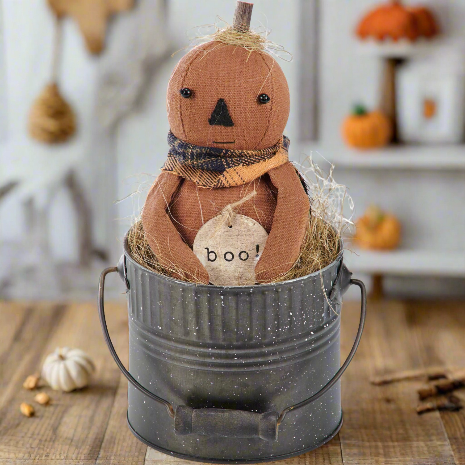 Primitive Country Fall Halloween 12&quot; Boo Bobby Pumpkin Doll In Pail - The Primitive Pineapple Collection