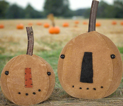 Primitive Country Fall Halloween 2 pc Orange Pumpkin Jack O Lantern w/ Stem Set - The Primitive Pineapple Collection