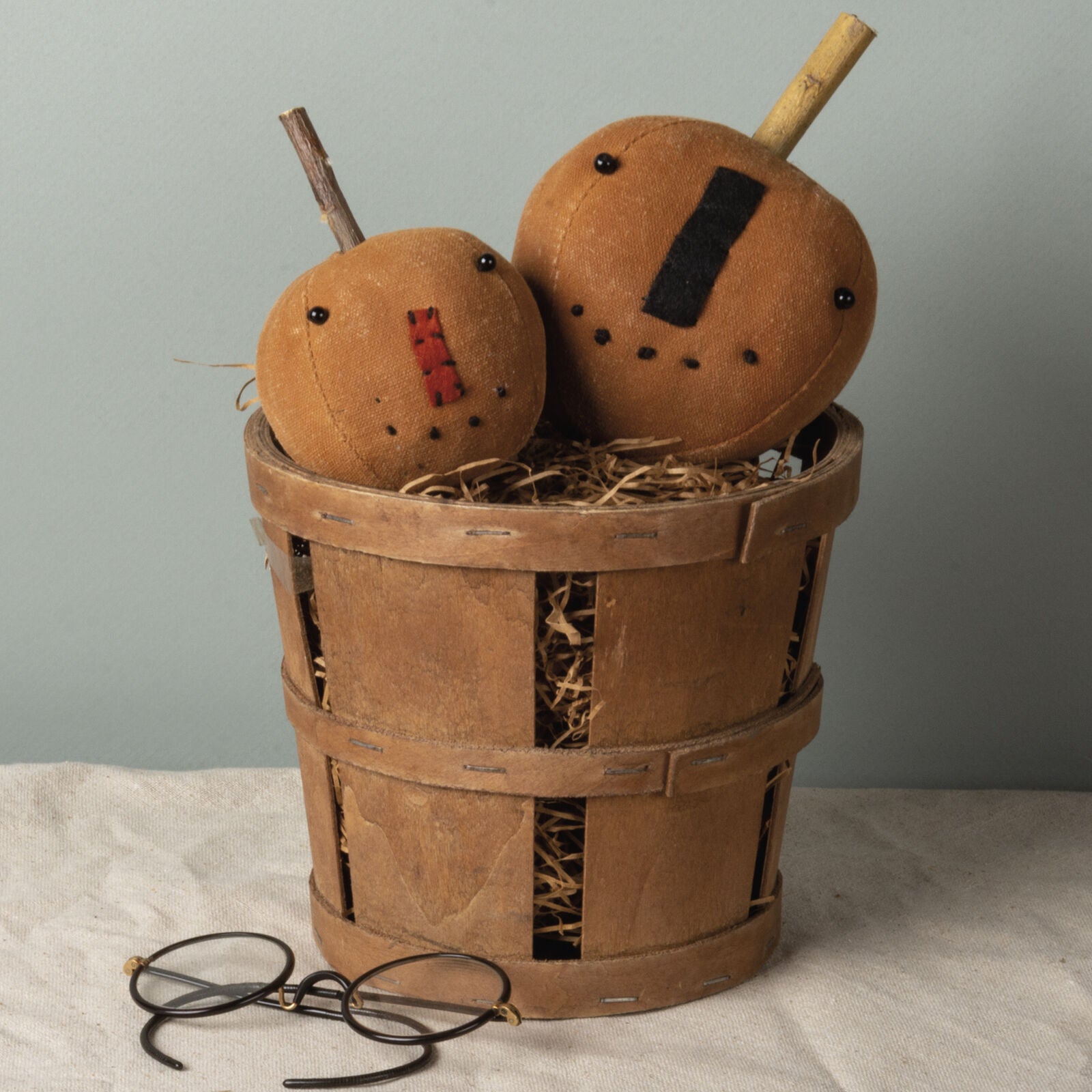 Primitive Country Fall Halloween 2 pc Orange Pumpkin Jack O Lantern w/ Stem Set - The Primitive Pineapple Collection