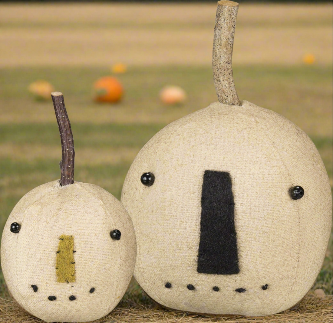 Primitive Country Fall Halloween 2 pc White Pumpkin Jack O Lantern w/ Stem Set