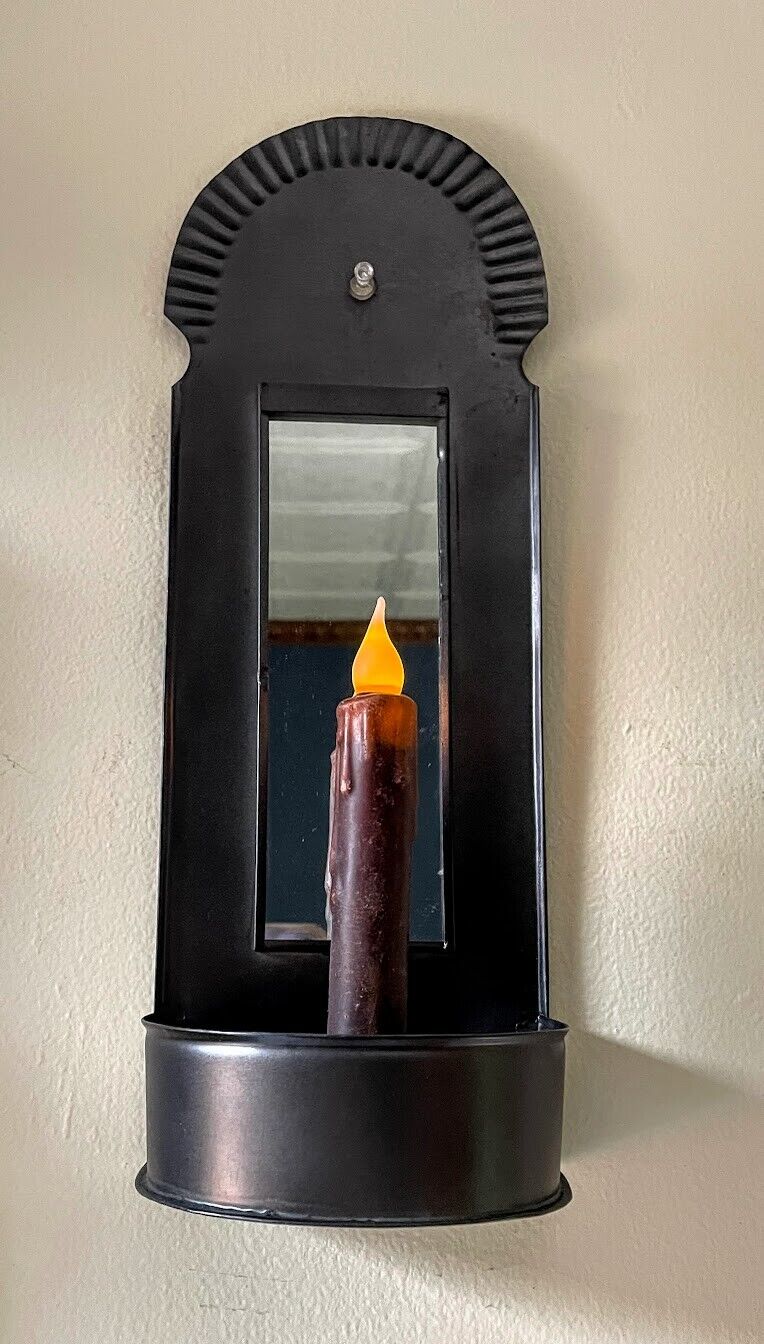 Primitive Farmhouse Black Tin Mirror Taper Candle Sconce 14&quot; - The Primitive Pineapple Collection
