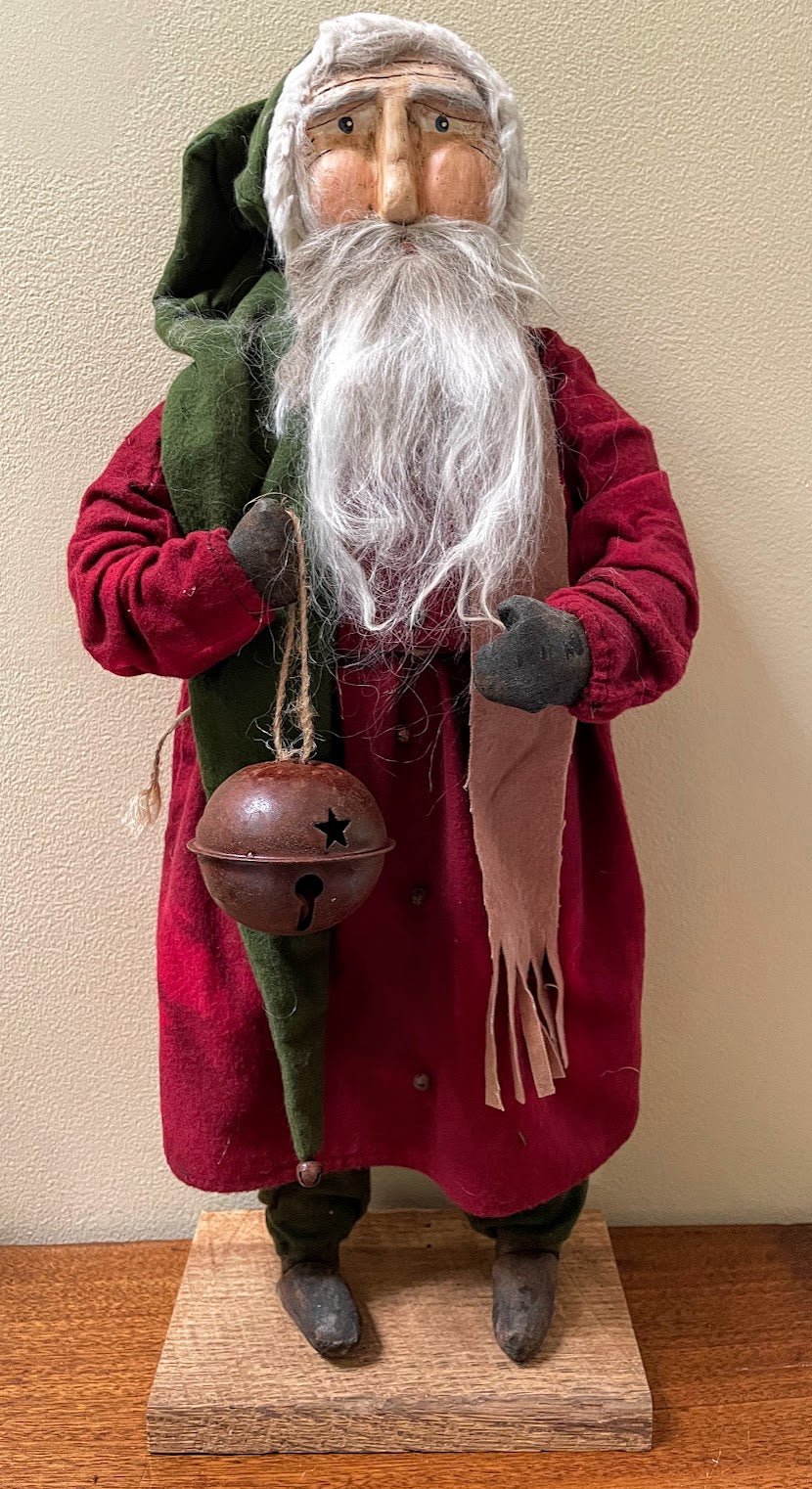 Primitive Early American Hand Sculpted Clay Face Santa Bell Doll Red 19&quot; - The Primitive Pineapple Collection