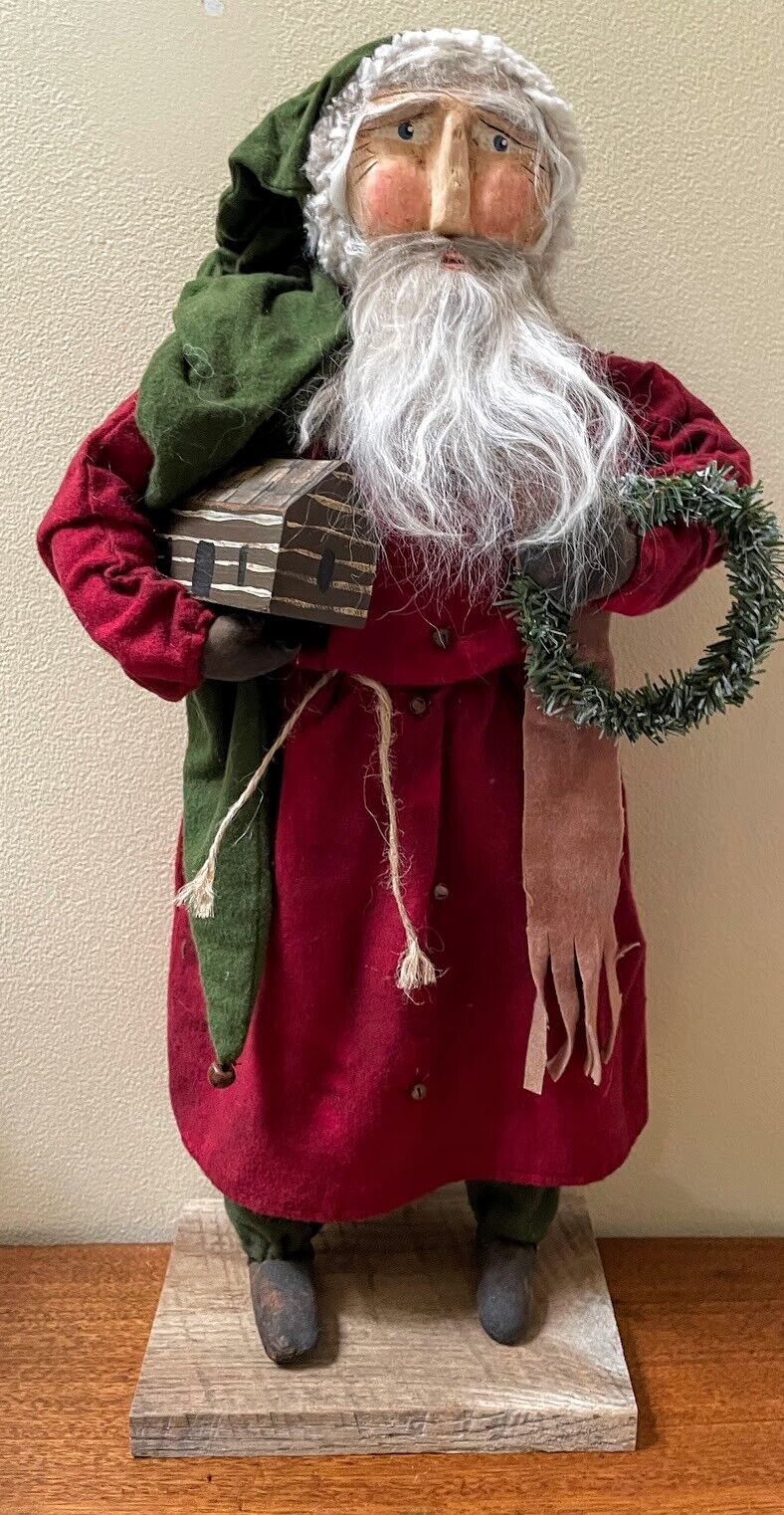 Primitive Early American Hand Sculpted Clay Face Santa Wreath/Cabin Doll Red 19&quot; - The Primitive Pineapple Collection