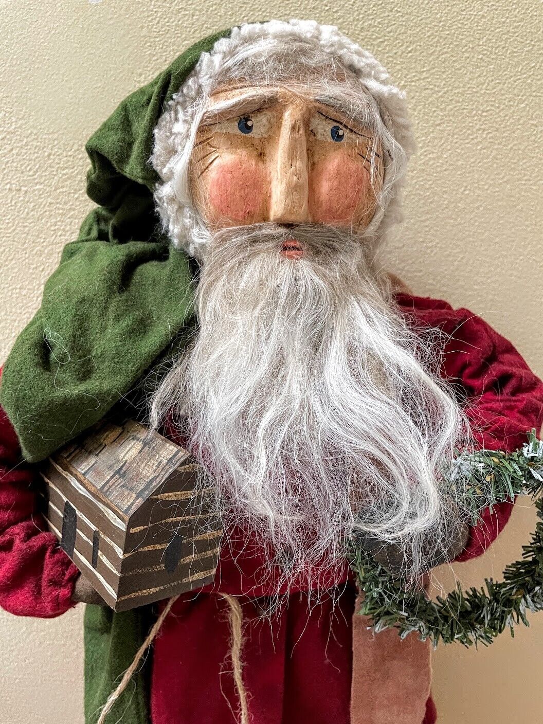 Primitive Early American Hand Sculpted Clay Face Santa Wreath/Cabin Doll Red 19&quot; - The Primitive Pineapple Collection