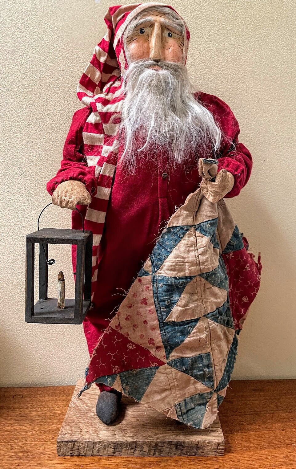 Primitive Early American Hand Sculpted Clay Face Santa Lantern/Old Quilt Red 19&quot; - The Primitive Pineapple Collection