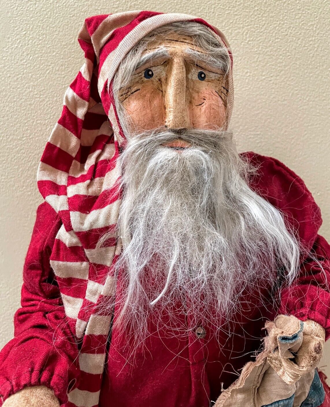 Primitive Early American Hand Sculpted Clay Face Santa Lantern/Old Quilt Red 19&quot; - The Primitive Pineapple Collection