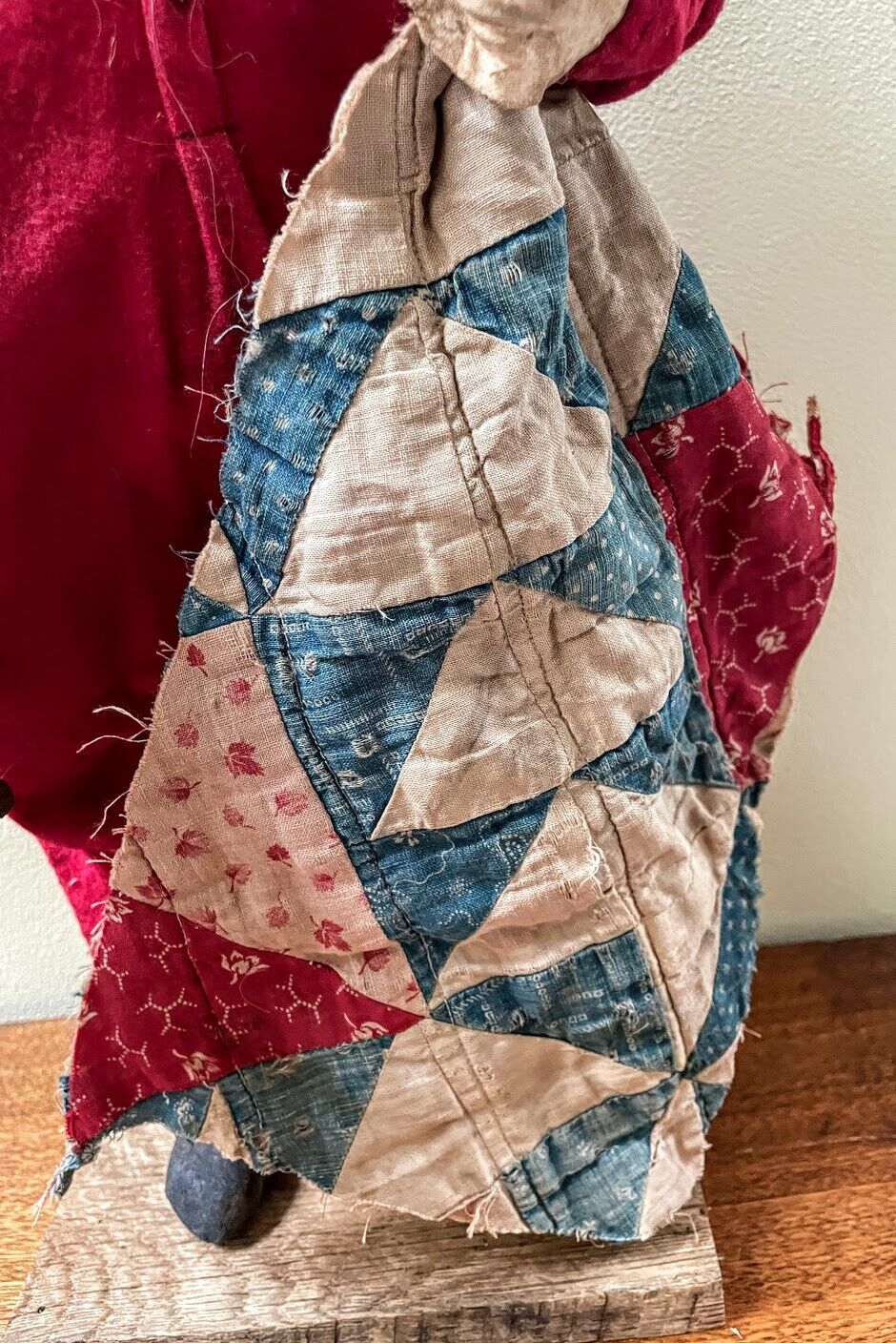 Primitive Early American Hand Sculpted Clay Face Santa Lantern/Old Quilt Red 19&quot; - The Primitive Pineapple Collection