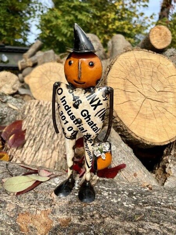 Primitive Halloween Recycled Metal Pauly Pumpkin Man Figurine Vintage Look - The Primitive Pineapple Collection