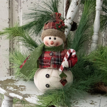 Primitive Christmas Glitter Snowman Doll w/ Candy Cane and Knit Cap 9&quot; - The Primitive Pineapple Collection