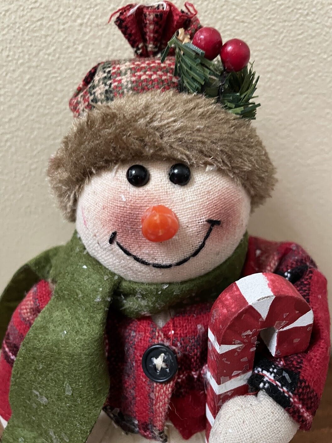 Primitive Christmas Glitter Snowman Doll w/ Candy Cane and Knit Cap 9&quot; - The Primitive Pineapple Collection