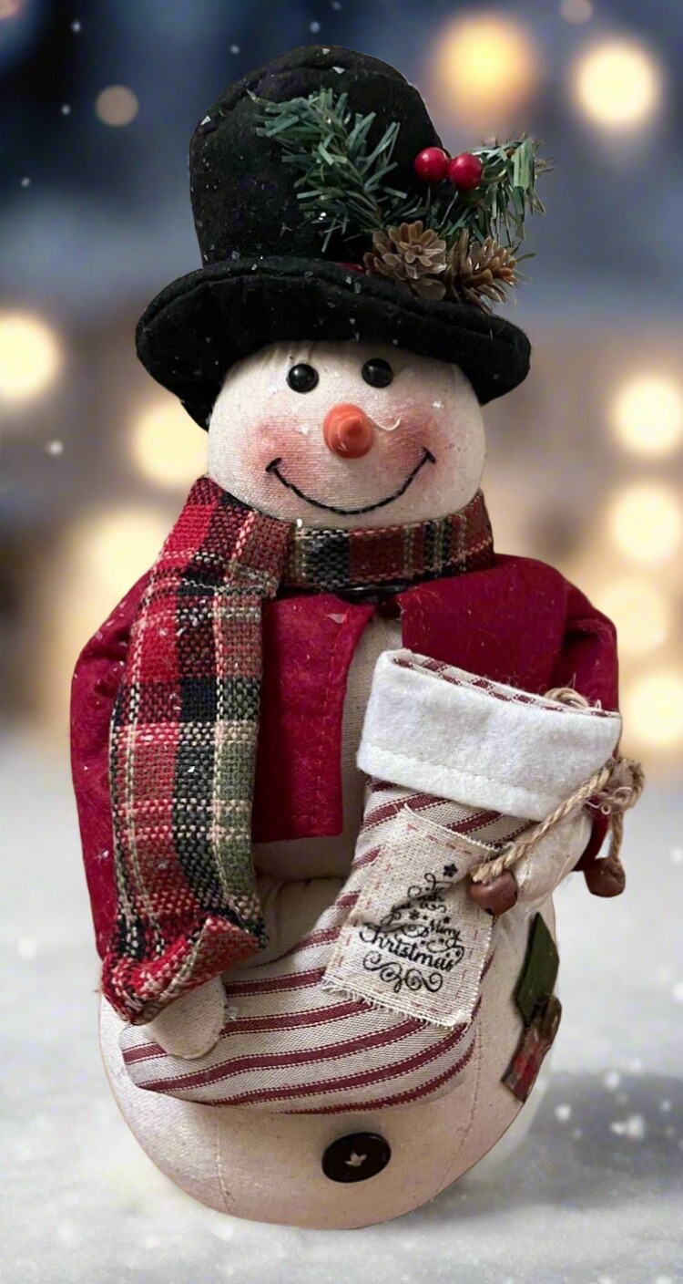 Primitive Christmas Glitter Snowman Doll w/ Stocking and Top Hat 12&quot; - The Primitive Pineapple Collection