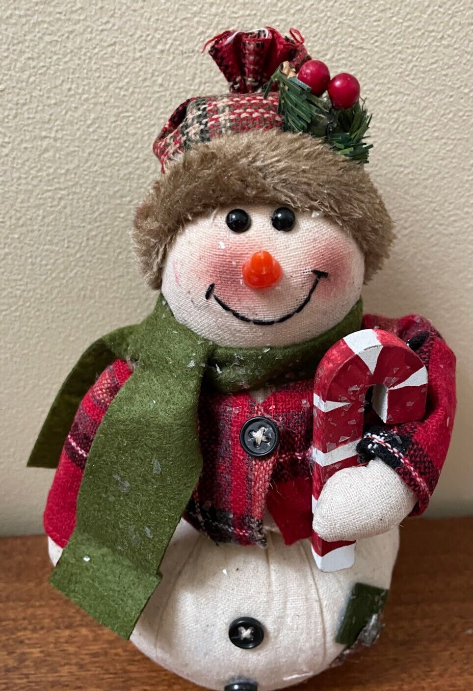 Primitive Christmas Glitter Snowman Doll w/ Candy Cane and Knit Cap 9&quot; - The Primitive Pineapple Collection