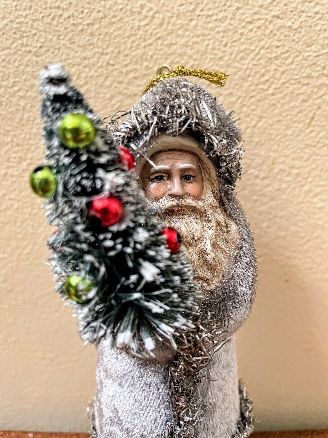 Primitive Christmas Grey Belsnickle Santa Holding Tree Ornament 5.75&quot; - The Primitive Pineapple Collection