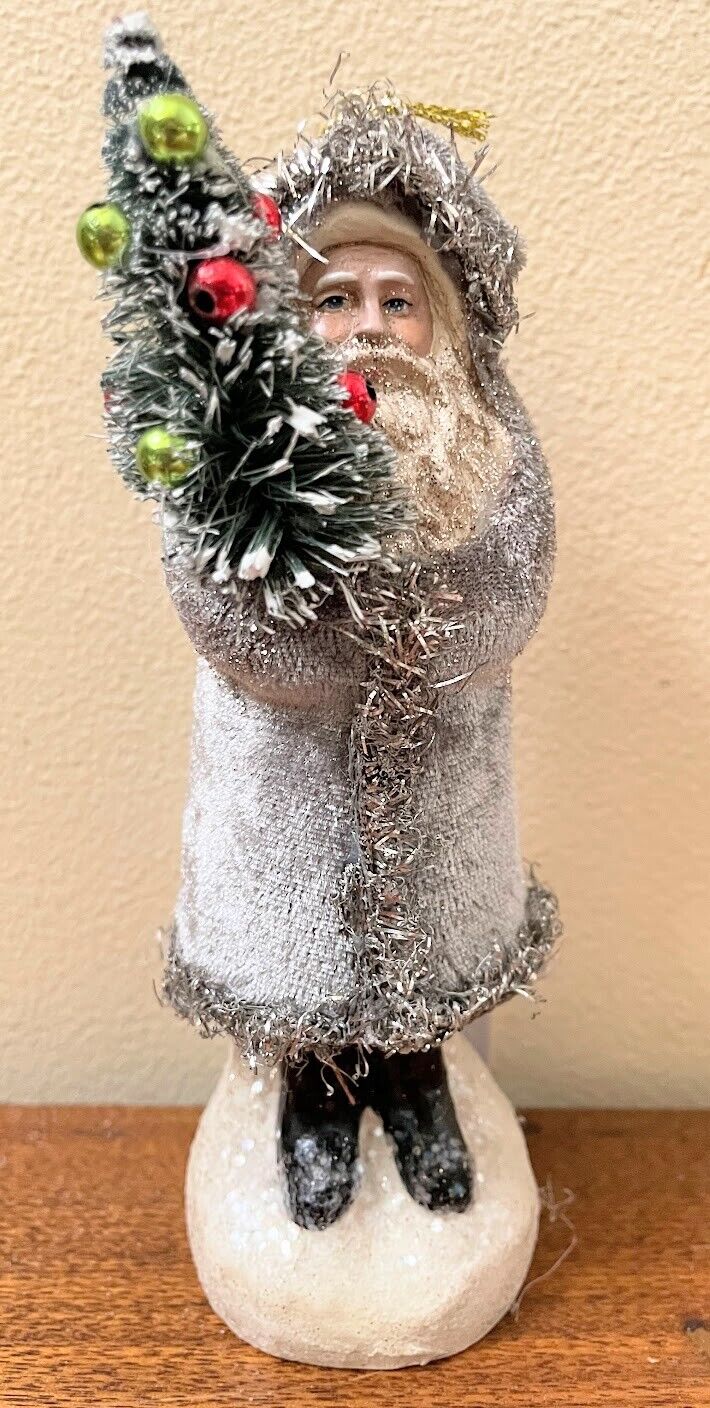 Primitive Christmas Grey Belsnickle Santa Holding Tree Ornament 5.75&quot; - The Primitive Pineapple Collection