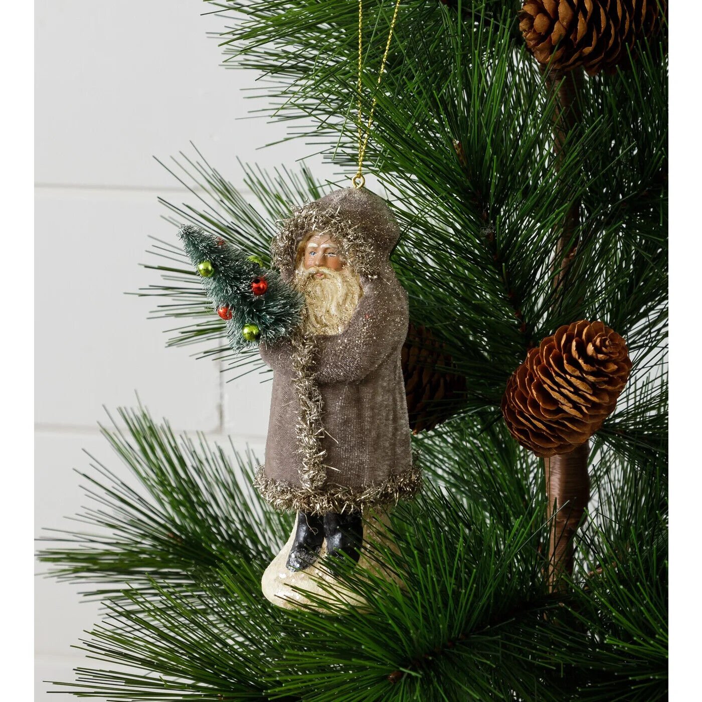 Primitive Christmas Grey Belsnickle Santa Holding Tree Ornament 5.75&quot; - The Primitive Pineapple Collection