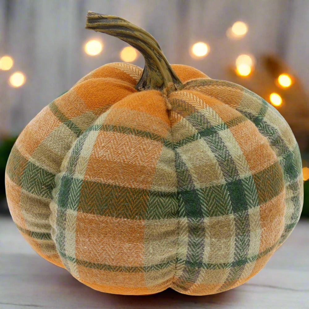 Primitive 5.5&quot; Autumn Plaid Fabric Covered Pumpkin Fall/ Halloween - The Primitive Pineapple Collection