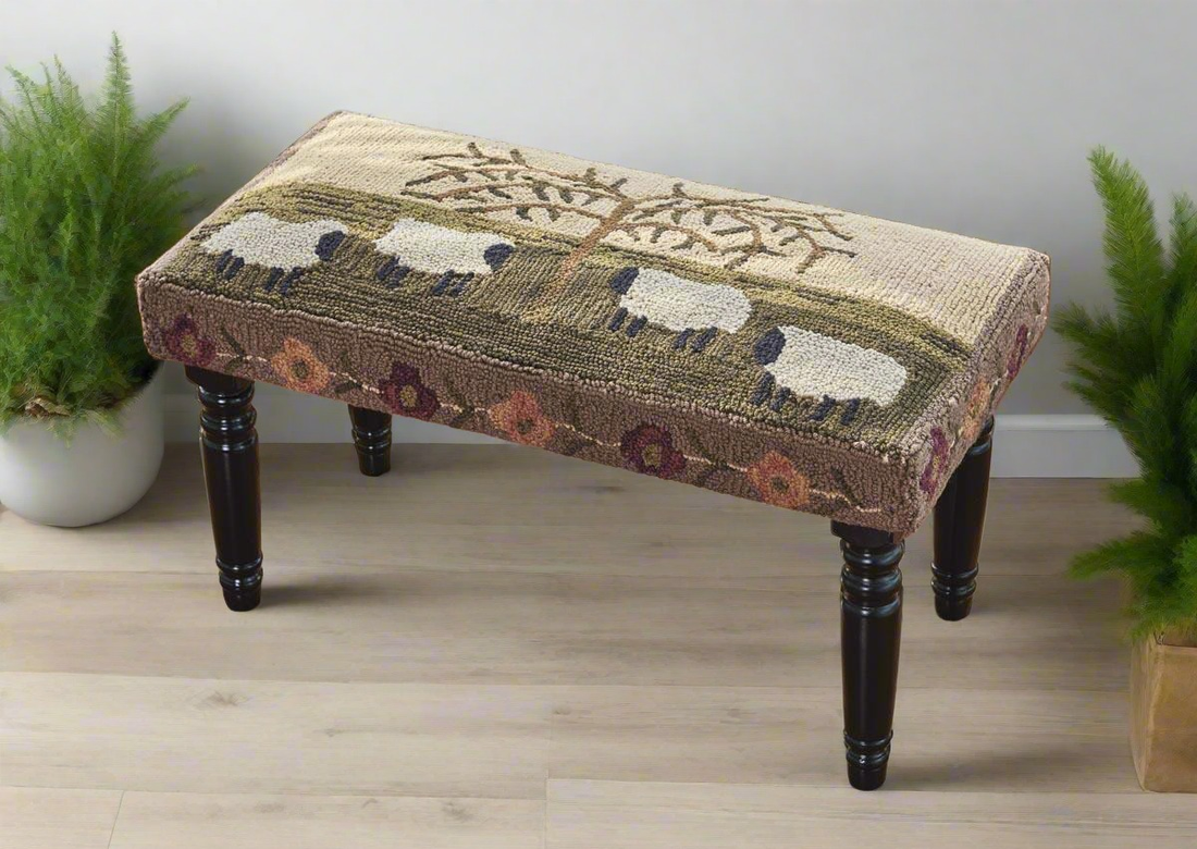 Primitive/Colonial Rug Hooked Wood Willow &amp; Sheep Hooked Bench - The Primitive Pineapple Collection