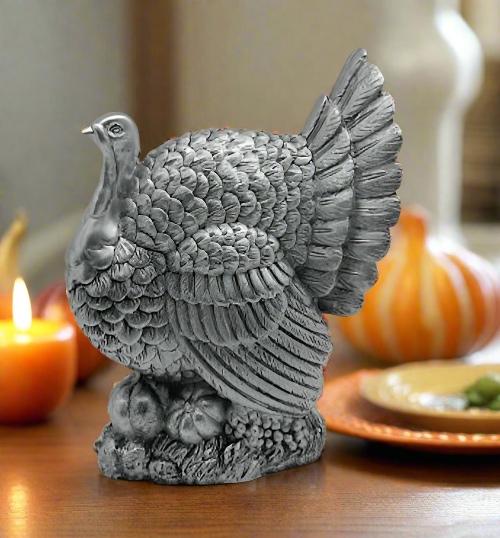 Primitive Farmhouse 10&quot; Silver Resin Detailed Thanksgiving Turkey Figurine. - The Primitive Pineapple Collection