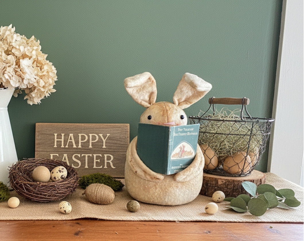Primitive Handmade Flopsy Bunny Rabbit w/ Book Shelf Tuck 12" Farmhouse - The Primitive Pineapple Collection
