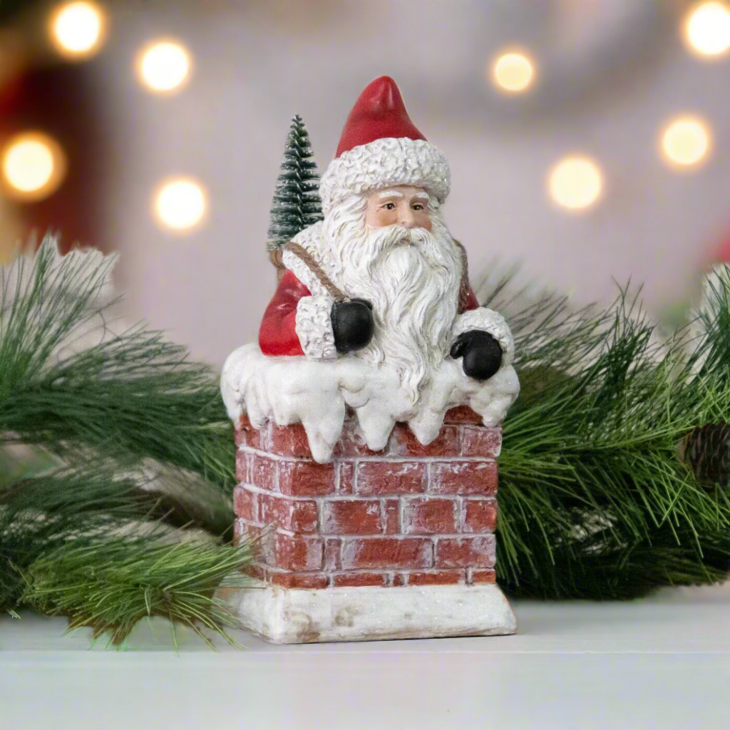 Primitive Christmas Santa in Chimney with Gifts, Bottle Brush Tree Figurine 8&quot; - The Primitive Pineapple Collection
