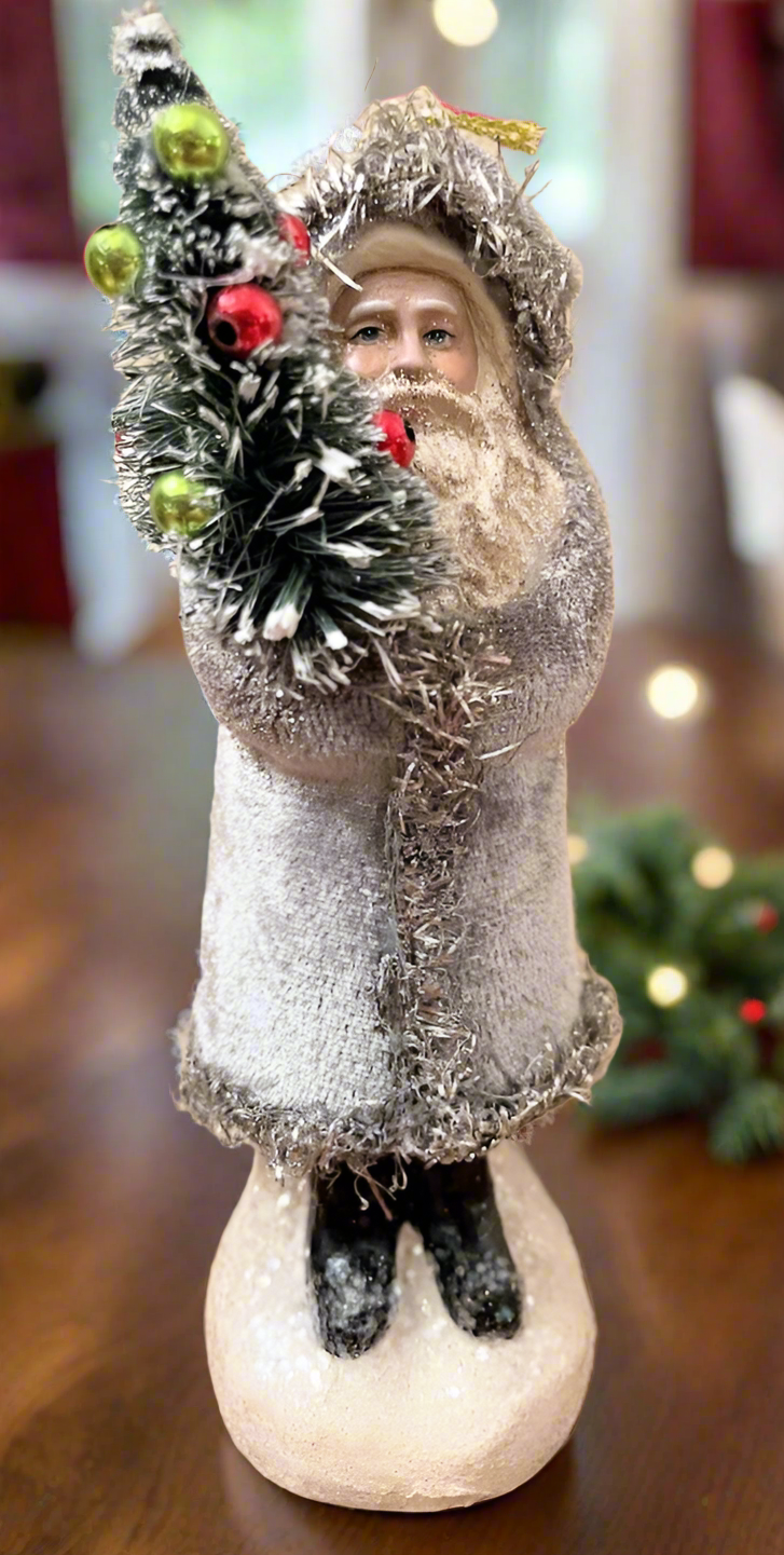 Primitive Christmas Grey Belsnickle Santa Holding Tree Ornament 5.75&quot; - The Primitive Pineapple Collection
