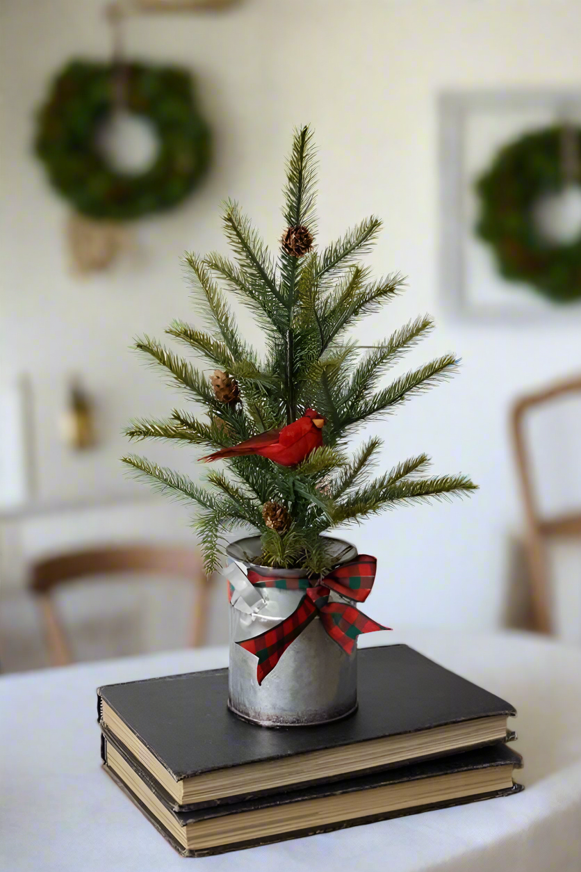 Primitive/Country Christmas Tabletop Evergreen Tree in Milk Can/Cardinal Bird - The Primitive Pineapple Collection
