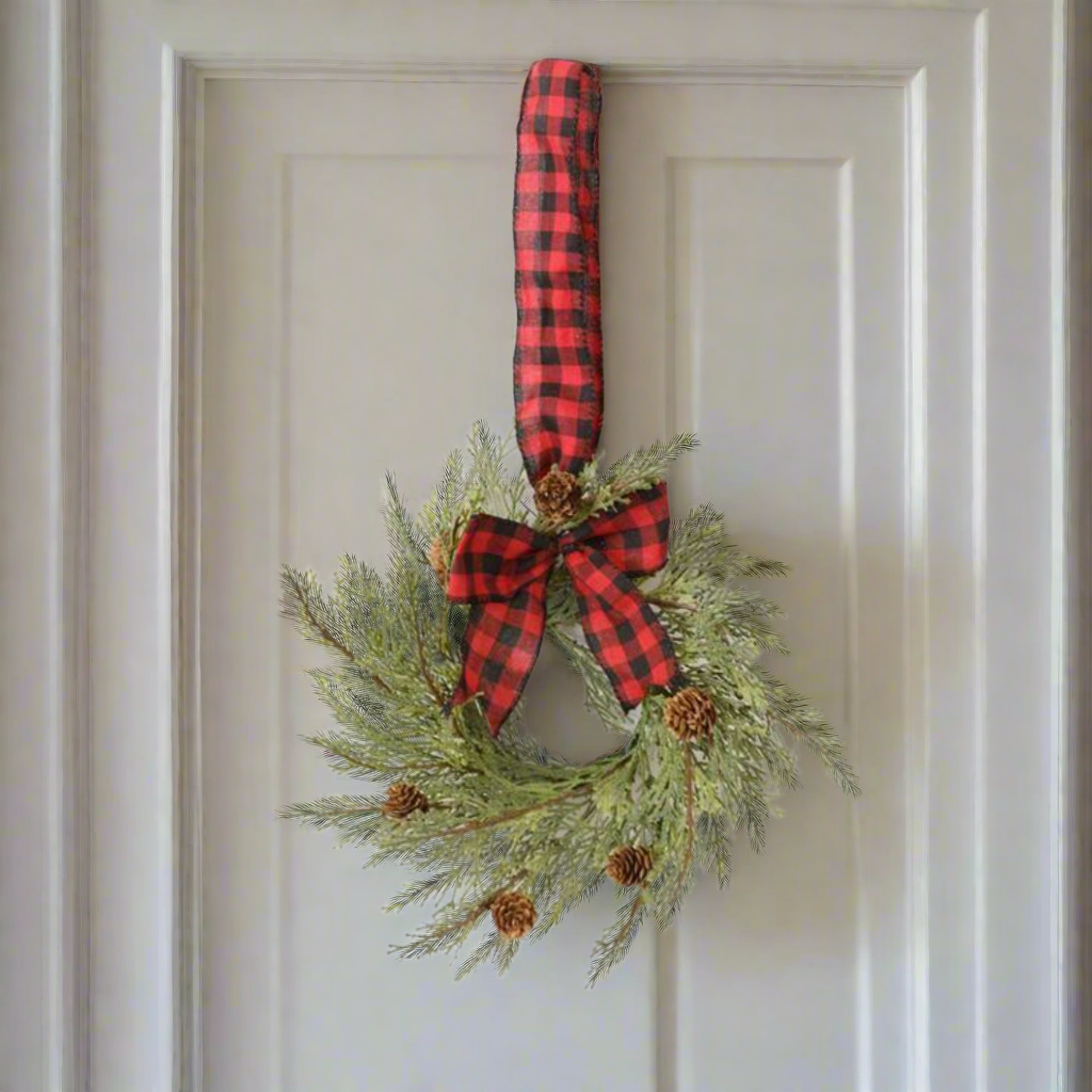 Primitive Country 13” Mini Wreath Hanger - Cedar With Cones And Buffalo Plaid Bo - The Primitive Pineapple Collection