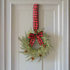 Primitive Country 13” Mini Wreath Hanger - Cedar With Cones And Buffalo Plaid Bo - The Primitive Pineapple Collection