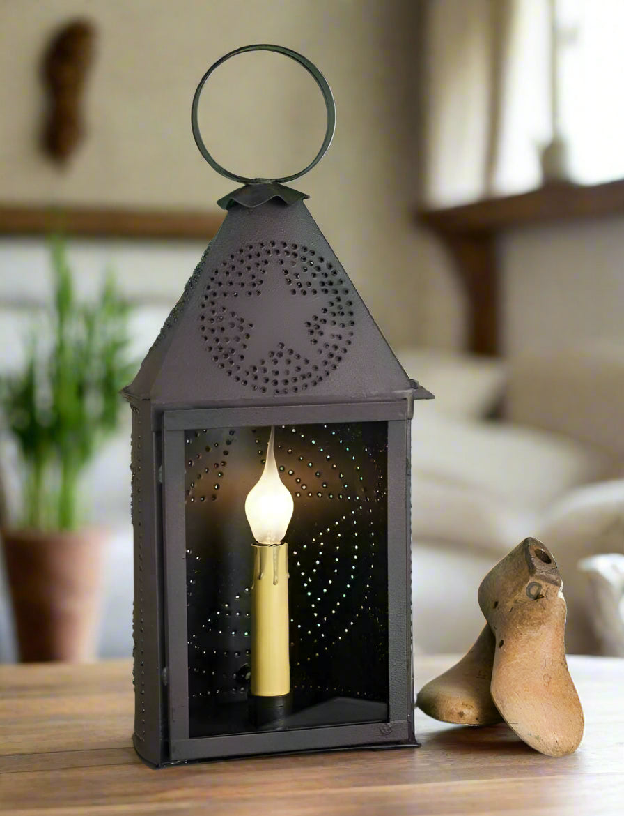 Primitive Punched Tin Star Half-Round Metal Electric Lantern - The Primitive Pineapple Collection