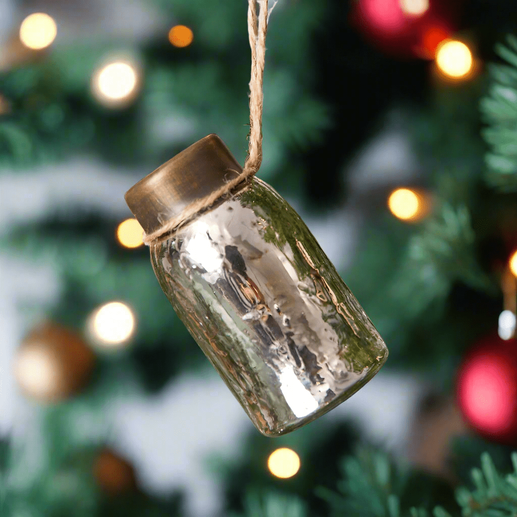 Primitive Country Silver Mercury Glass Mini Mason Jar Hanging Christmas Ornament - The Primitive Pineapple Collection