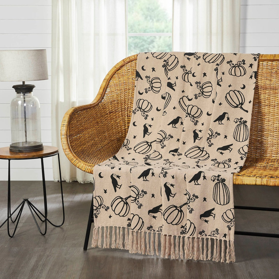 Primitive Fall Halloween Raven Harvest Throw 50x60 Pumpkin/Crow - The Primitive Pineapple Collection