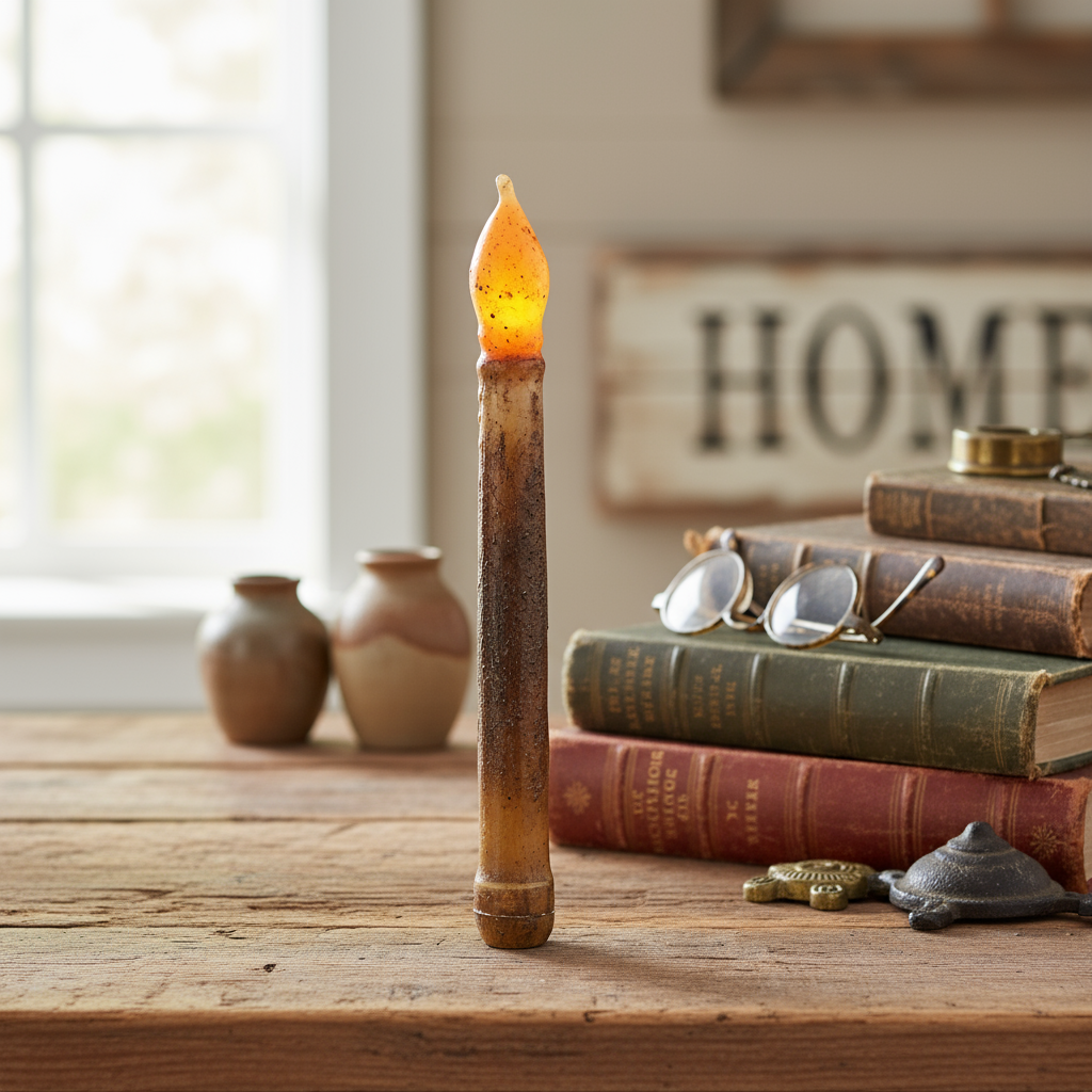 Primitive/Country 9&quot; Burnt Mustard Flicker Taper Candle Timer - The Primitive Pineapple Collection