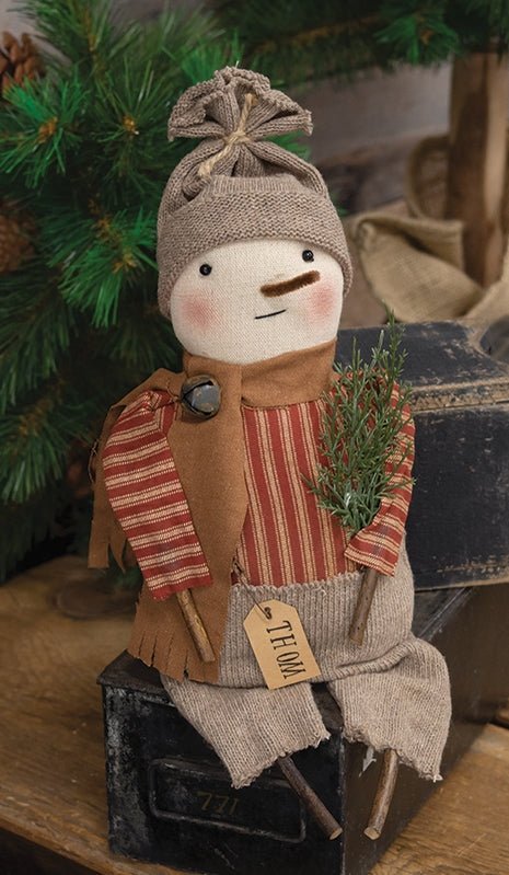 Primitive Christmas Rustic 14&quot;Thom Snowman Doll with Stick Legs - The Primitive Pineapple Collection