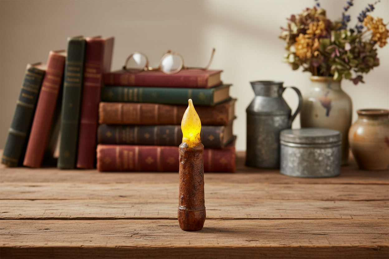 Primitive/Country 4" Battery Operated Mustard Taper Candle W/Timer - The Primitive Pineapple Collection