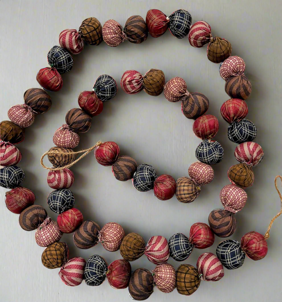 Primitive Colonial 1&quot; Fabric Rag Ball Garland String 62&quot; Homespun Fabric - The Primitive Pineapple Collection