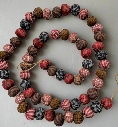 Primitive Colonial 1&quot; Fabric Rag Ball Garland String 62&quot; Homespun Fabric - The Primitive Pineapple Collection