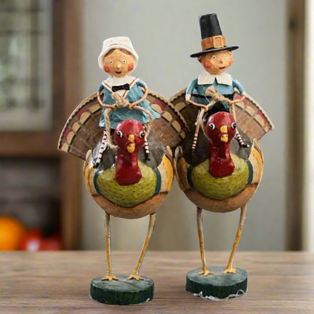 ESC Thanksgiving Fall Pilgrim Tom &amp; Goodie on Turkey Gobbler Lori Mitchell 92295 - The Primitive Pineapple Collection