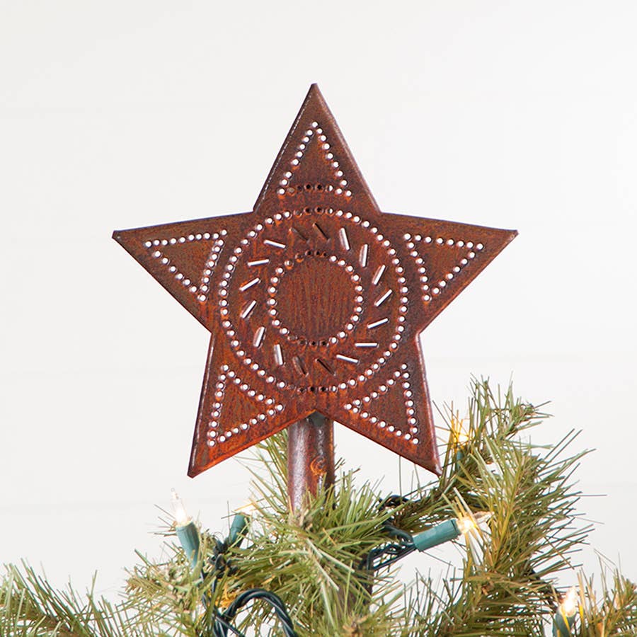 Primitive Country Christmas Punched Rusty Tin Star Tree Topper 8” - The Primitive Pineapple Collection