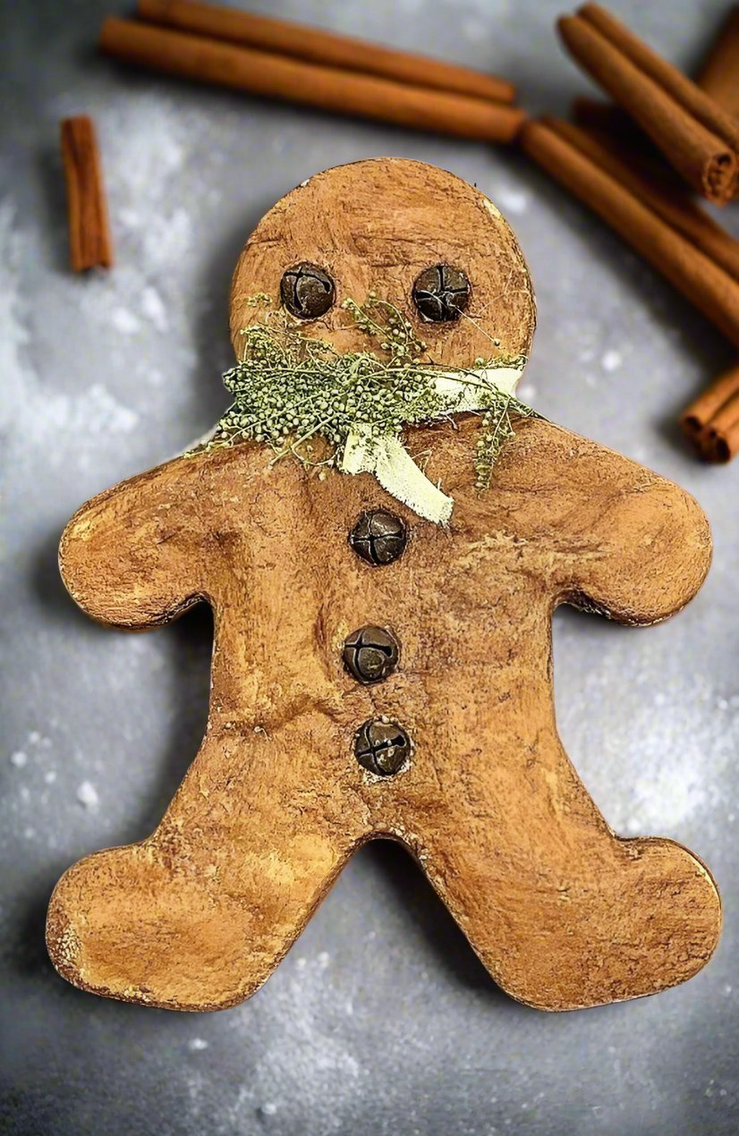 Handmade 9" Gingerbread Boy Christmas Rusty Bells Hanging Ornament. - The Primitive Pineapple Collection
