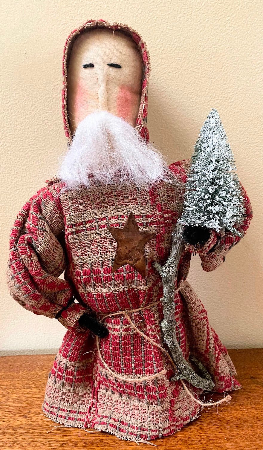 Christmas Handmade Kris Kringle Stump Santa Doll w/ Prim Red Coverlet - The Primitive Pineapple Collection